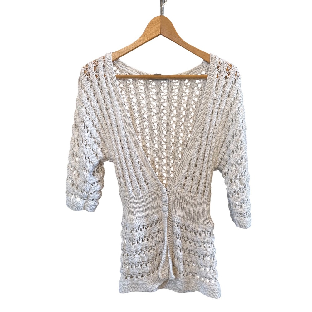 White House Black Market SS Ivory XS Knit Cardigan Metallic Thread Summer Casual
